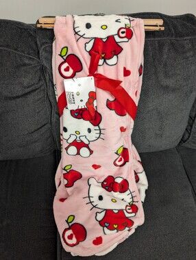 Hello Kitty Pink Plush Throw Blanket with Red Accents